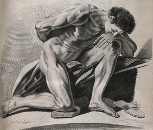 view A kneeling male nude shown looking down to the floor, his head resting on his hand. Crayon manner print by Lavalée after J. Gamelin, 1778/1779.