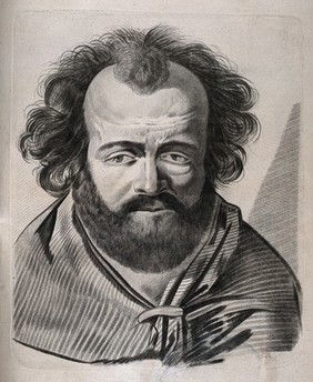 A bearded man wearing a cloak, head and shoulders portrait (possibly a self-portrait of the artist?). Crayon manner print by Lavalée after J. Gamelin, 1778/1779.