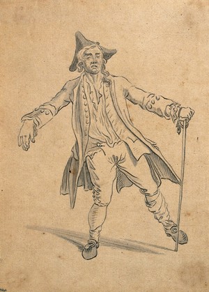 view A man walking with the posture of a drunkard. Drawing with wash, c. 1789.