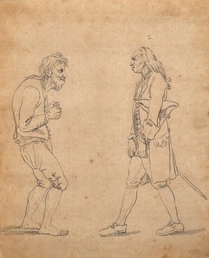 view Two men exhibiting postures which express their character: on the left a man of 'brutal sensibility', on the right, a miser. Drawing by D.N. Chodowiecki, c. 1789.