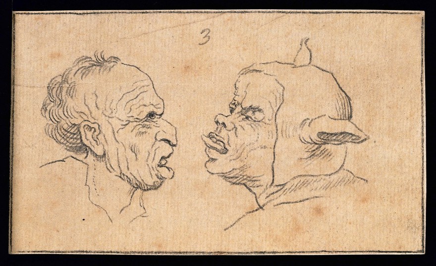 Two distorted faces with protruding tongues, expressing ugly characters according to the physiognomist Lavater. Drawing, c. 1789.