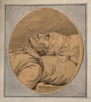 view Jean Conradin Heidegger, Bürgermeister of Zurich, on his death-bed. Drawing, c. 1789.