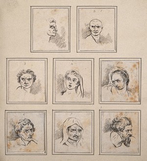 view Eight physiognomies. Drawing, c. 1789, after D.N. Chodowiecki and C. Le Brun.