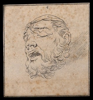 Physiognomy showing a man trying to control himself under the duress of pain. Drawing, c. 1789, after A. Schluter.