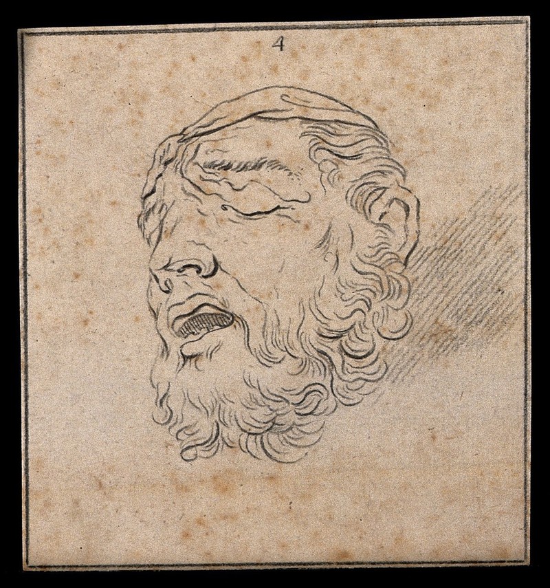 Physiognomy showing a man trying to control himself under the duress of pain. Drawing, c. 1789, after A. Schluter., by Andreas Schlüter