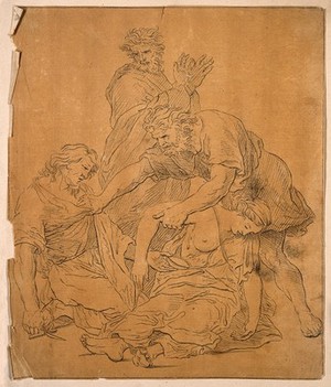 view A man helps two people, one of them a surgeon, suffering from plague. Drawing, c. 1789, after P. Mignard.