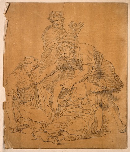 A man helps two people, one of them a surgeon, suffering from plague. Drawing, c. 1789, after P. Mignard.