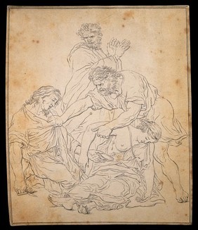 A man helps two people, one of them a surgeon, suffering from plague. Drawing, c. 1789, after P. Mignard.