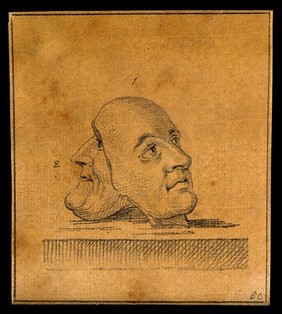 Two masks showing physiognomies expressing complaisance (left) and probity (right). Drawing, c. 1789.