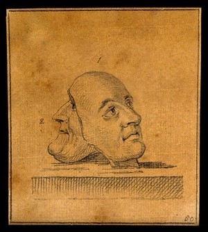 view Two masks showing physiognomies expressing complaisance (left) and probity (right). Drawing, c. 1789.