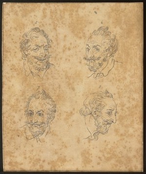 view Henri of Navarre, King of France shown in four imaginary poses. Drawing, c. 1789.