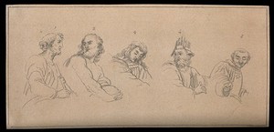 view Five biblical and mythological figures, expressing different physiognomic characteristics. Drawing, c. 1791, after Raphael.