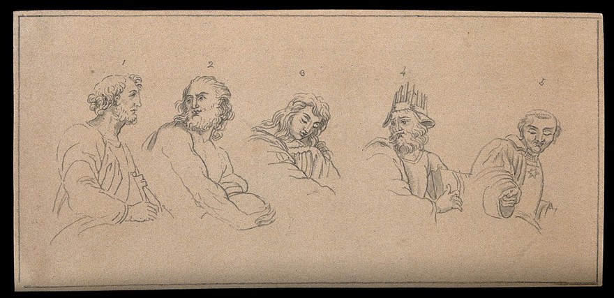 Five biblical and mythological figures, expressing different physiognomic characteristics. Drawing, c. 1791, after Raphael.