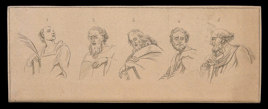 Five biblical figures, showing special physiognomic characteristics. Drawing, c. 1791, after Raphael.