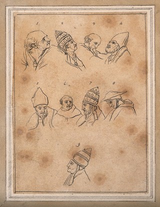 Nine physiognomies of popes and prelates. Drawing, c. 1791, after Raphael.