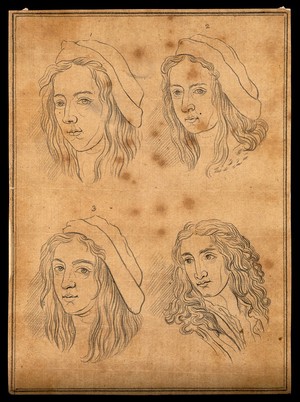 view Four diverging copies of a head by Raphael. Drawing, c. 1791, after Raphael.