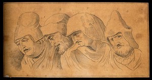 view Four physiognomies expressing evil characters. Drawing, c. 1792.