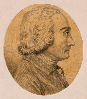 Profile of a melancholy man with characteristics of penetration, fear, and distrust. Drawing, c. 1792.