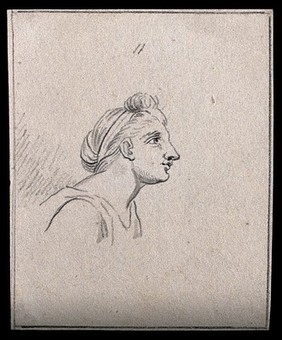 A woman paying mild attention to something. Drawing, c. 1794, after N. Poussin.