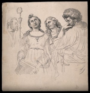 view Saint Cecilia, a bishop, Saint John and Saint Paul. Drawing, c. 1794, after Raphael.