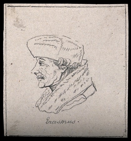 Desiderius Erasmus: portrait in profile. Drawing, c. 1795, after H. Holbein.