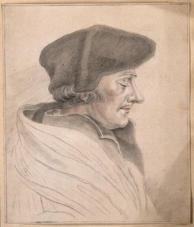 Desiderius Erasmus: portrait in profile. Drawing, c. 1795, after H. Holbein.
