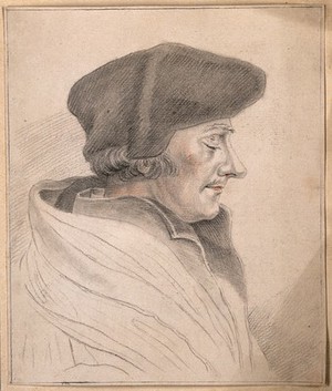 view Desiderius Erasmus: portrait in profile. Drawing, c. 1795, after H. Holbein.