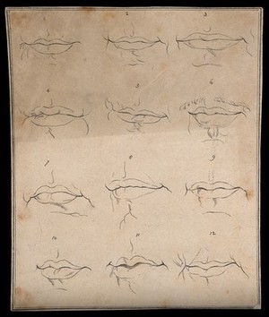 view Twelve mouths. Drawing, c. 1793.