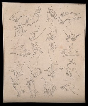 view Twenty hands shown in various postures, movements and deeds. Drawing, c. 1793.
