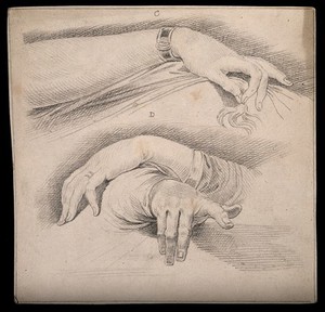 view Female and male hands (above and below respectively). Drawing after H. Fuseli, c. 1793.