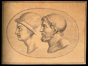 view Two heads of ancient Greek soldiers. Drawing, c. 1793.