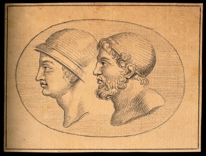 Two heads of ancient Greek soldiers. Drawing, c. 1793.