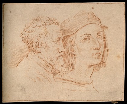 Two heads: Michelangelo and Raphael. Drawing, c. 1791.