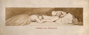 view Two women weeping over a prone figure. Drawing, c. 1793.