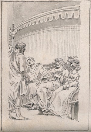 view One soldier talks to three seated Roman figures. Drawing, c. 1793.