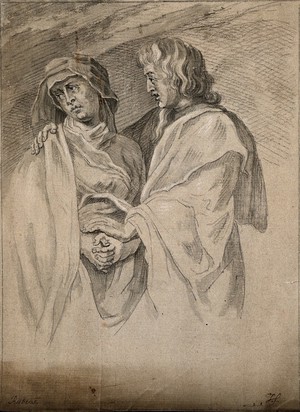 view The apostle John attempts to comfort a sorrowful Virgin Mary. Drawing after P.P. Rubens.