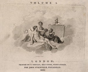 view A female goddess with a castle on her head (representing an Earth goddess or Geometry) holds up a tablet engraved with faces from which a man copies; two angels and a swan sit with them in the clouds. Engraving by T. Holloway, 1810.