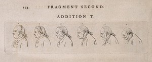 view Progression of a man through the ages of fifty to a hundred. Engraving, c. 1794.