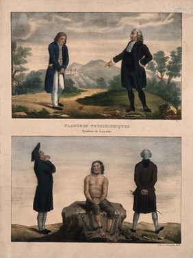 (Above) A man receiving a command from another, showing postures of timidity and arrogance; (below) a prisoner sits manacled while one gentleman prays and another waits with a sword, showing postures of prayer, desire for liberty, and fatuity. Coloured lithograph, ca. 1854.