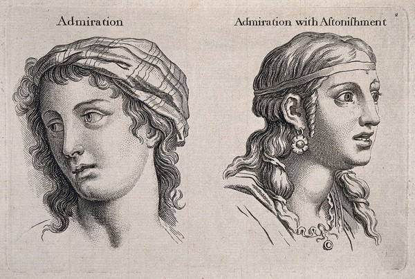 Two female faces expressing admiration (left) and admiration with astonishment (right). Engraving, c. 1760, after C. Le Brun.