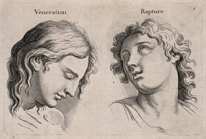 view Two faces expressing veneration and rapture. Etching, c. 1760, after C. Le Brun.