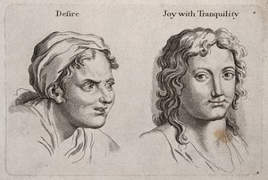 view A woman's face expressing desire (left) and a man's face expressing 'joy with tranquility' (right). Engraving, c. 1760, after C. Le Brun.