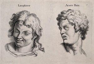 view A laughing face (left) and a face expressing acute pain (right). Engraving, c. 1760, after C. Le Brun.