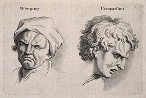 view A weeping face (left) and a face expressing compassion (right). Engraving, c. 1760, after C. Le Brun.