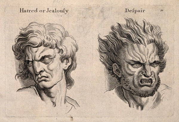 A face expressing hatred or jealousy (left); a face with hair on end expressing despair. Engraving, c. 1760, after C. Le Brun.