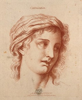 A female face expressing admiration. Crayon manner print by W. Hebert, c. 1770, after C. Le Brun.