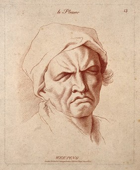 A man weeping. Crayon manner print by W. Hebert, c. 1770, after C. Le Brun.