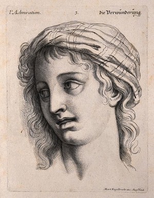 view A female face expressing admiration. Engraving by M. Engelbrecht (?), 1732, after C. Le Brun.