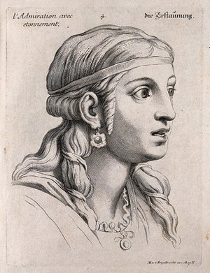 view A female face expressing admiration tinged with astonishment. Engraving by M. Engelbrecht, 1732, after C. Le Brun.