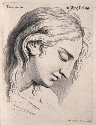 A male face with head bowed, expressing veneration. Engraving by M. Engelbrecht (?), 1732, after C. Le Brun.